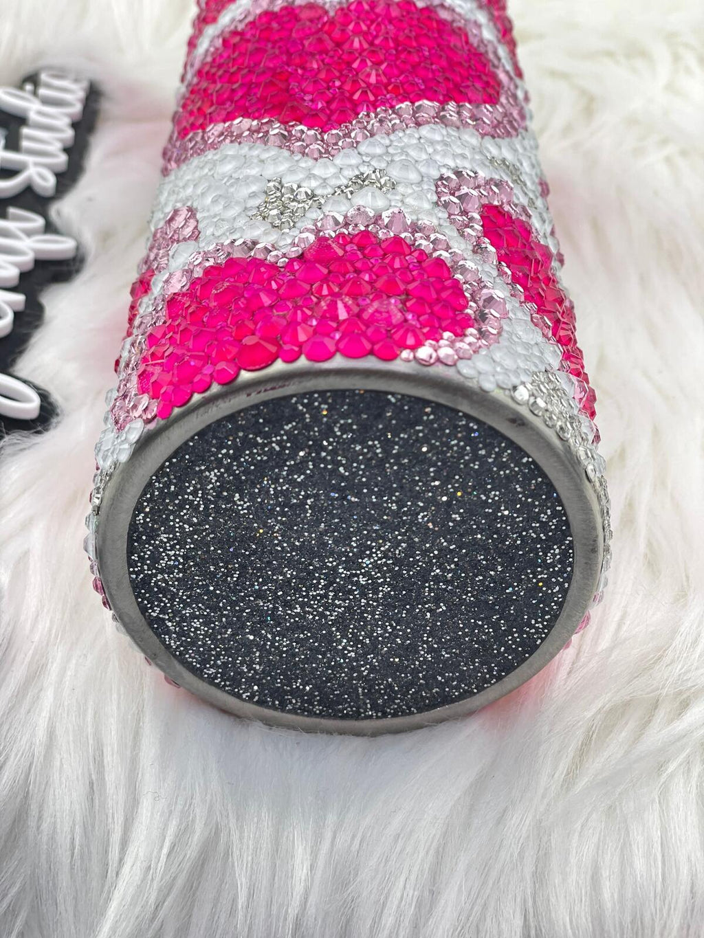 CUSTOM ORDER - Scattered Hearts Rhinestone 24oz Tumbler - Neon Pink White Crystal glass rhinestone