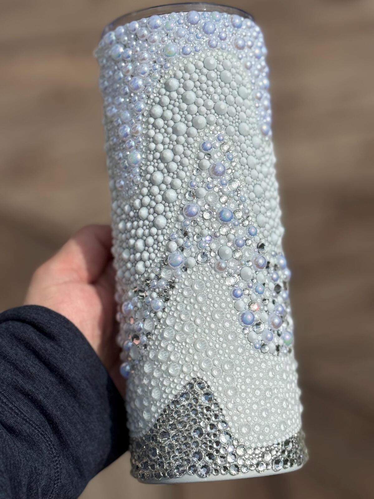 Ready To Ship White Wedding Design 24oz  Tumbler- Crystal white pearl glass rhinestones