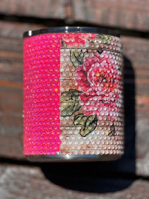 READY TO SHIP - Pink Floral Split Rhinestone 12oz  tumbler - Pink and Transparent  glass rhinestones