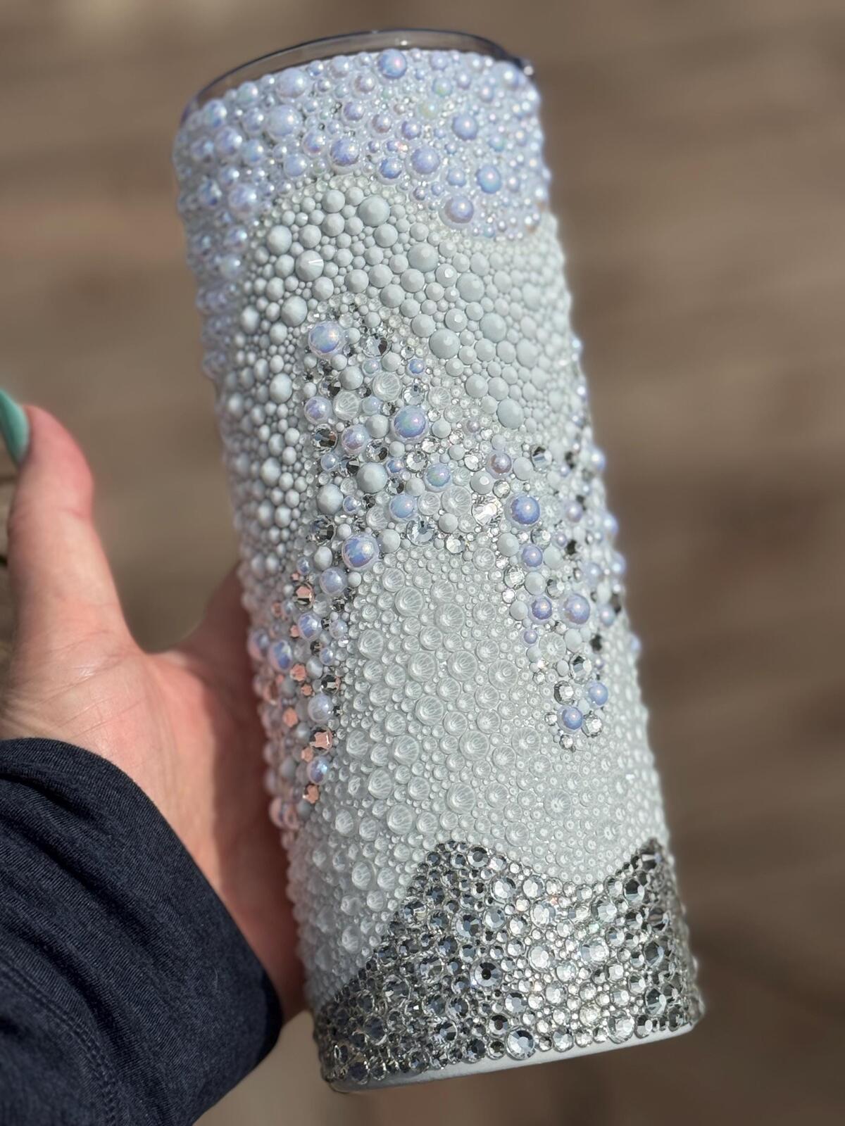 Ready To Ship White Wedding Design 24oz  Tumbler- Crystal white pearl glass rhinestones