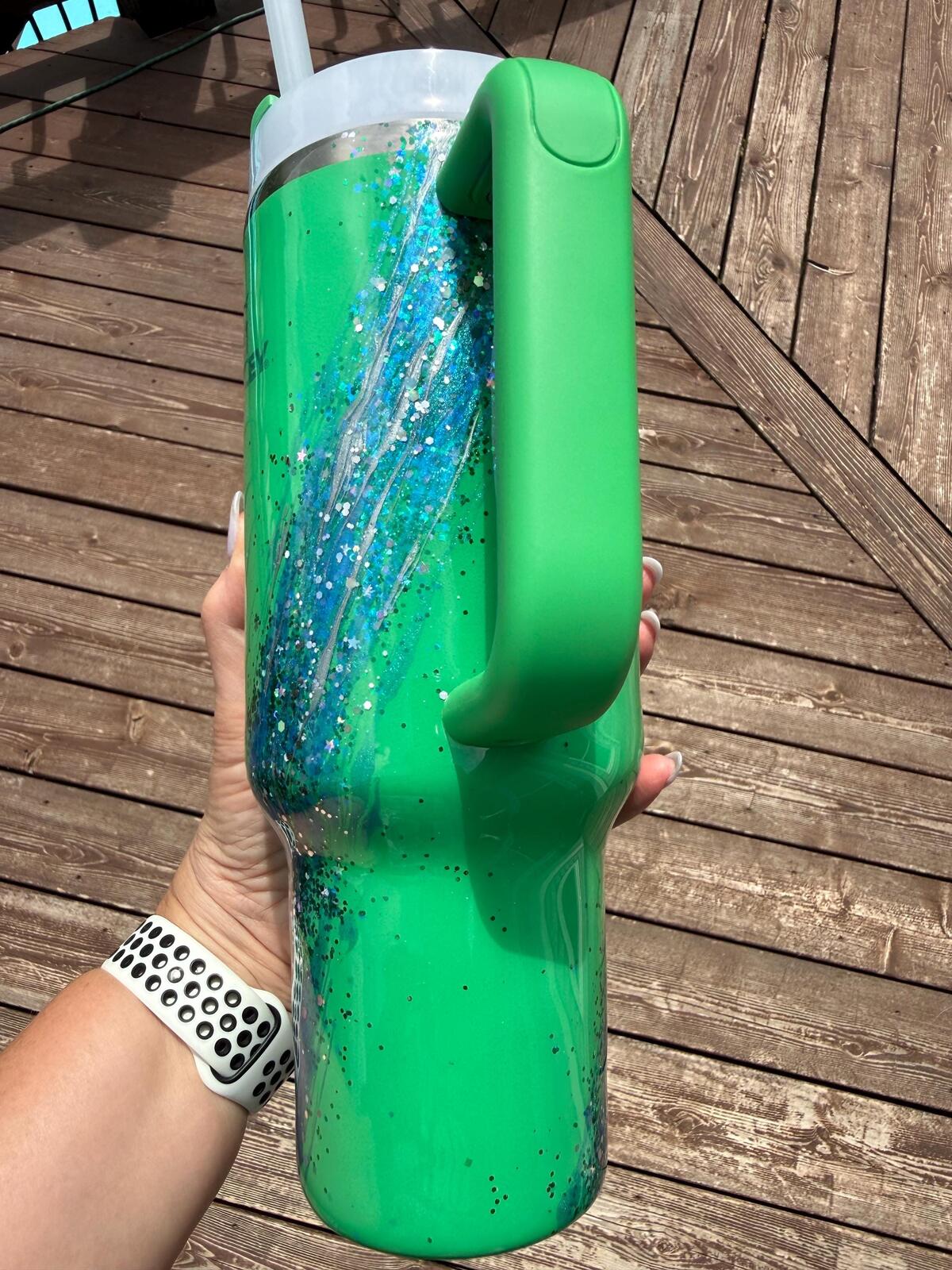 READY TO SHIP - Stanley Green Ocean glitter Marble - 40oz - opal marble glitter micas epoxy handled quencher