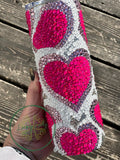 CUSTOM ORDER - Scattered Hearts Rhinestone 24oz Tumbler - Neon Pink White Crystal glass rhinestone