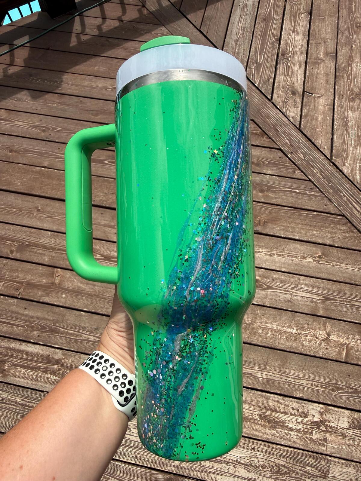 READY TO SHIP - Stanley Green Ocean glitter Marble - 40oz - opal marble glitter micas epoxy handled quencher