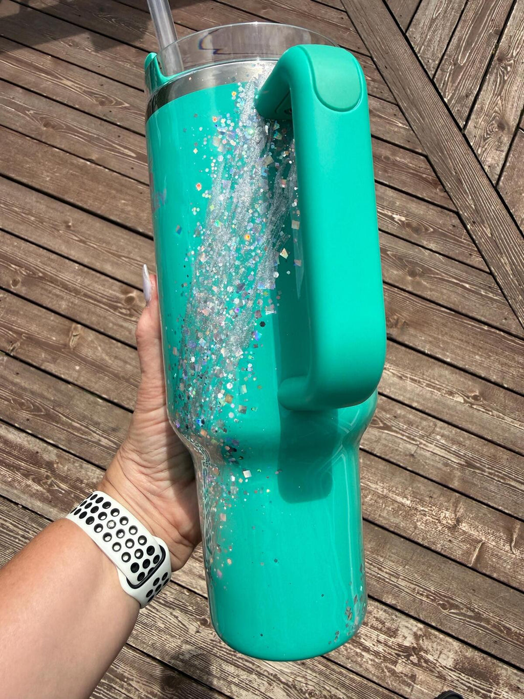 READY TO SHIP - Stanley Gumdrop Green Iridescent Marble - 40oz - silver marble glitter micas epoxy handled quencher