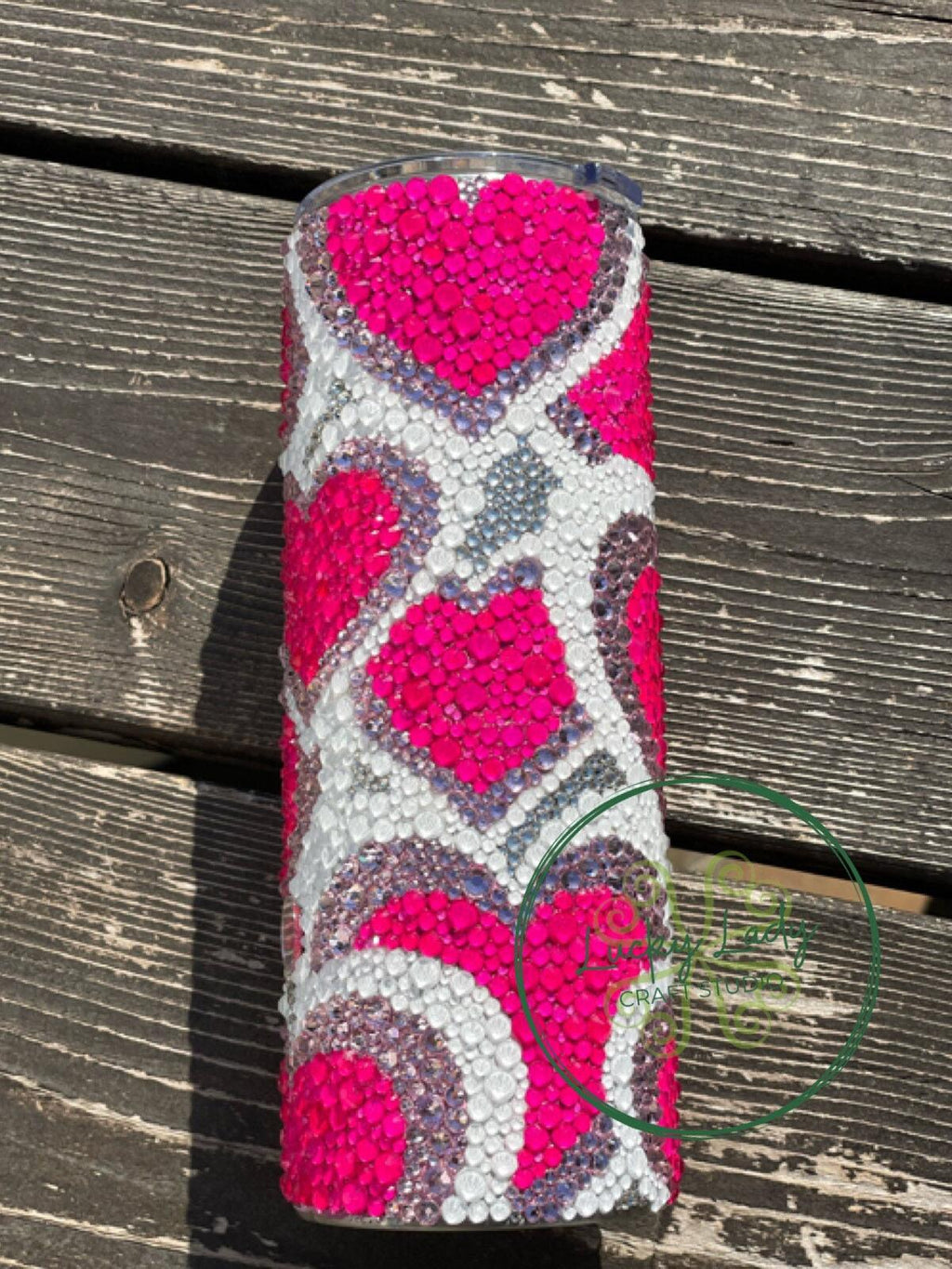 CUSTOM ORDER - Scattered Hearts Rhinestone 24oz Tumbler - Neon Pink White Crystal glass rhinestone