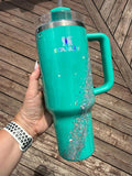 READY TO SHIP - Stanley Gumdrop Green Iridescent Marble - 40oz - silver marble glitter micas epoxy handled quencher