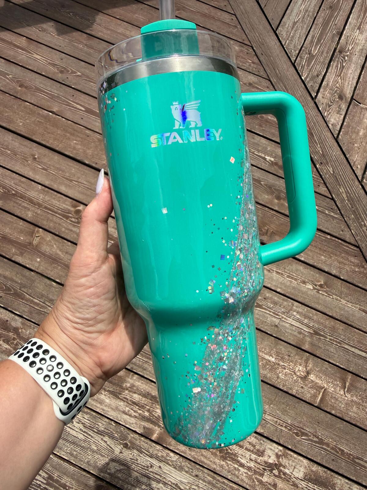 READY TO SHIP - Stanley Gumdrop Green Iridescent Marble - 40oz - silver marble glitter micas epoxy handled quencher