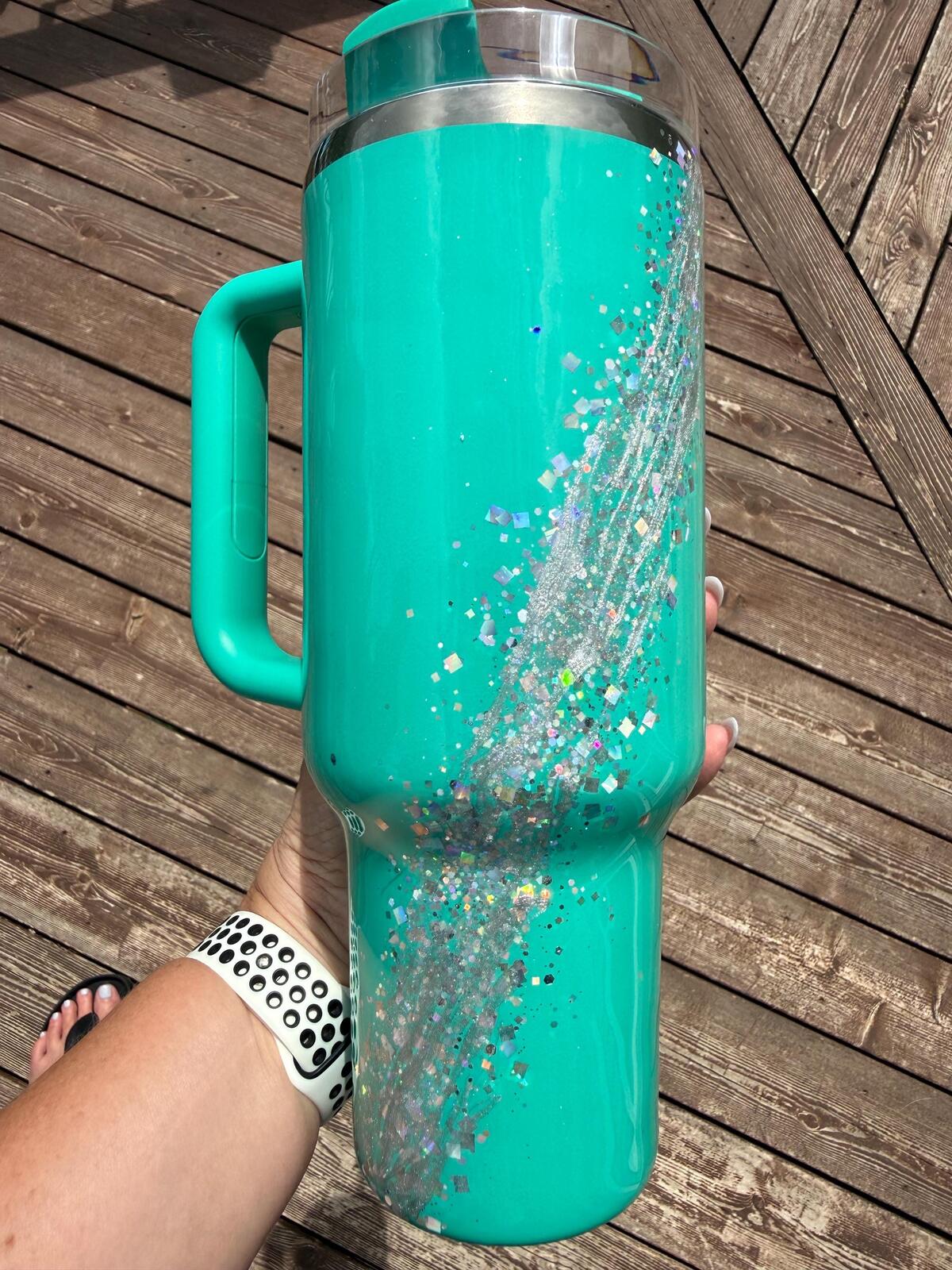 READY TO SHIP - Stanley Gumdrop Green Iridescent Marble - 40oz - silver marble glitter micas epoxy handled quencher