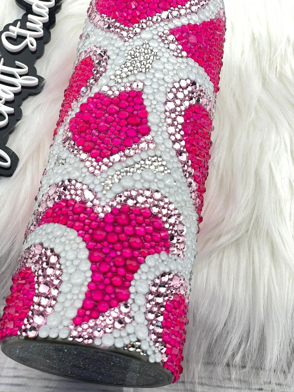 CUSTOM ORDER - Scattered Hearts Rhinestone 24oz Tumbler - Neon Pink White Crystal glass rhinestone