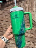 READY TO SHIP - Stanley Green Ocean glitter Marble - 40oz - opal marble glitter micas epoxy handled quencher