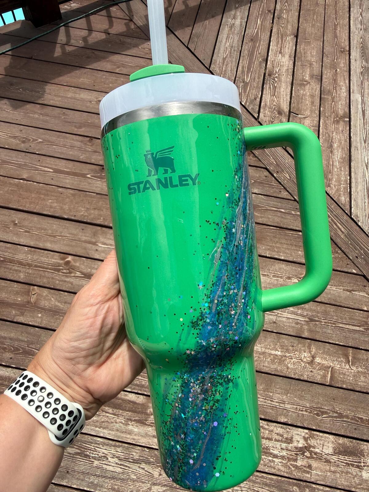 READY TO SHIP - Stanley Green Ocean glitter Marble - 40oz - opal marble glitter micas epoxy handled quencher