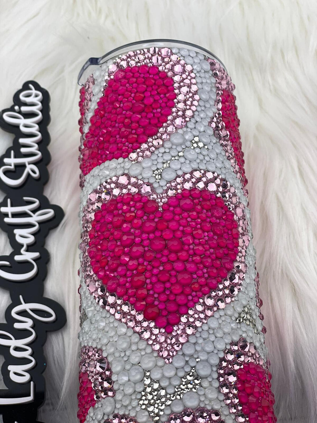 CUSTOM ORDER - Scattered Hearts Rhinestone 24oz Tumbler - Neon Pink White Crystal glass rhinestone