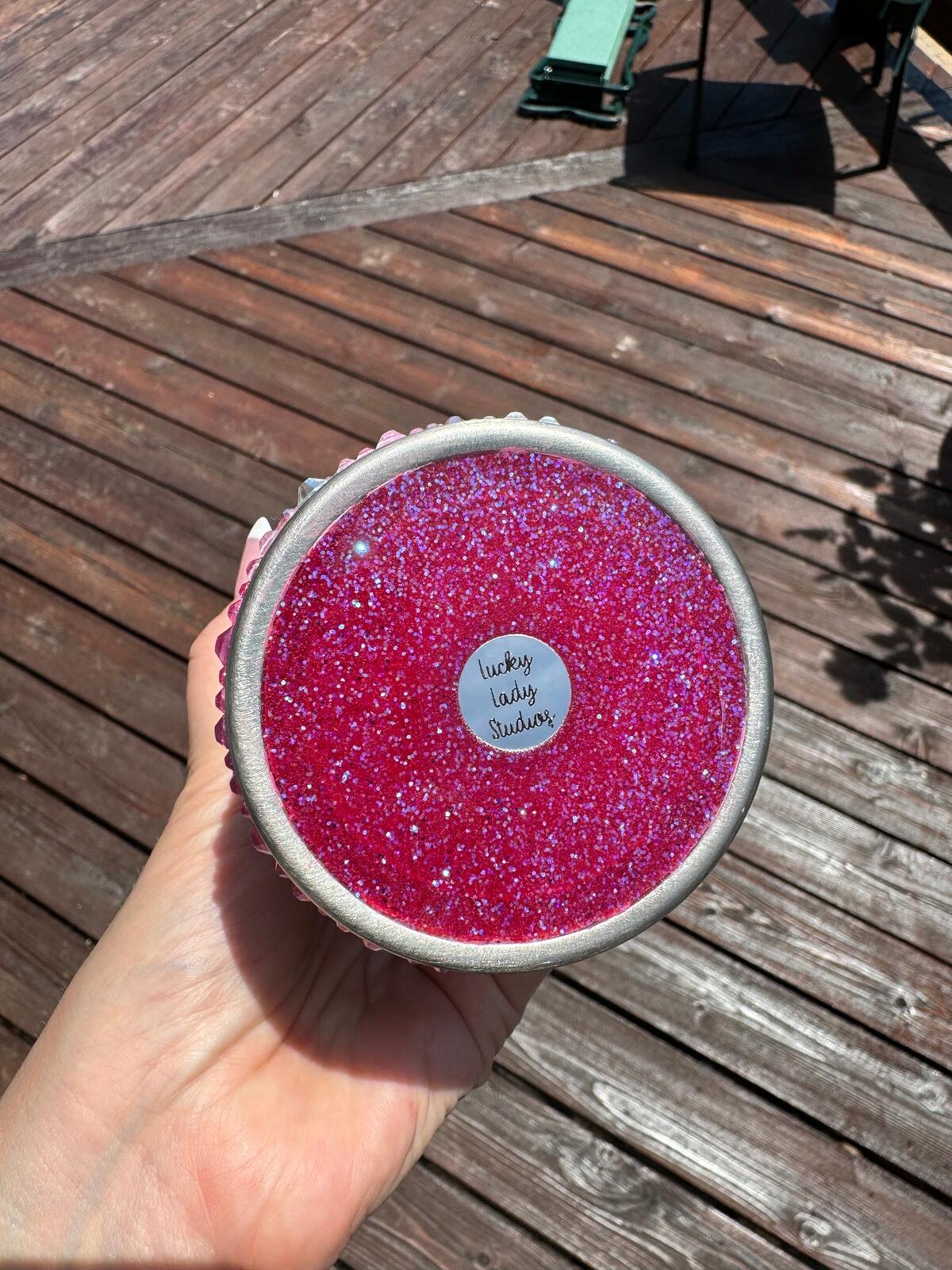 READY TO SHIP - Scattered Hearts Rhinestone 24oz Tumbler - Hot Pink ab Neon Pink Crystal glass rhinestone love