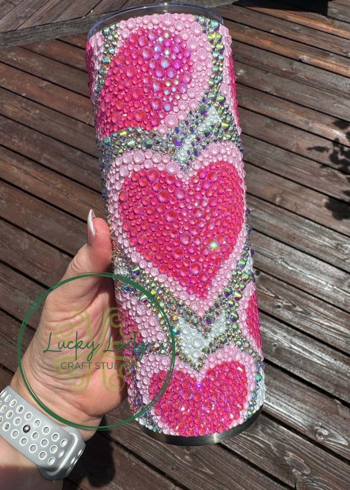 READY TO SHIP - Scattered Hearts Rhinestone 24oz Tumbler - Hot Pink ab Neon Pink Crystal glass rhinestone love