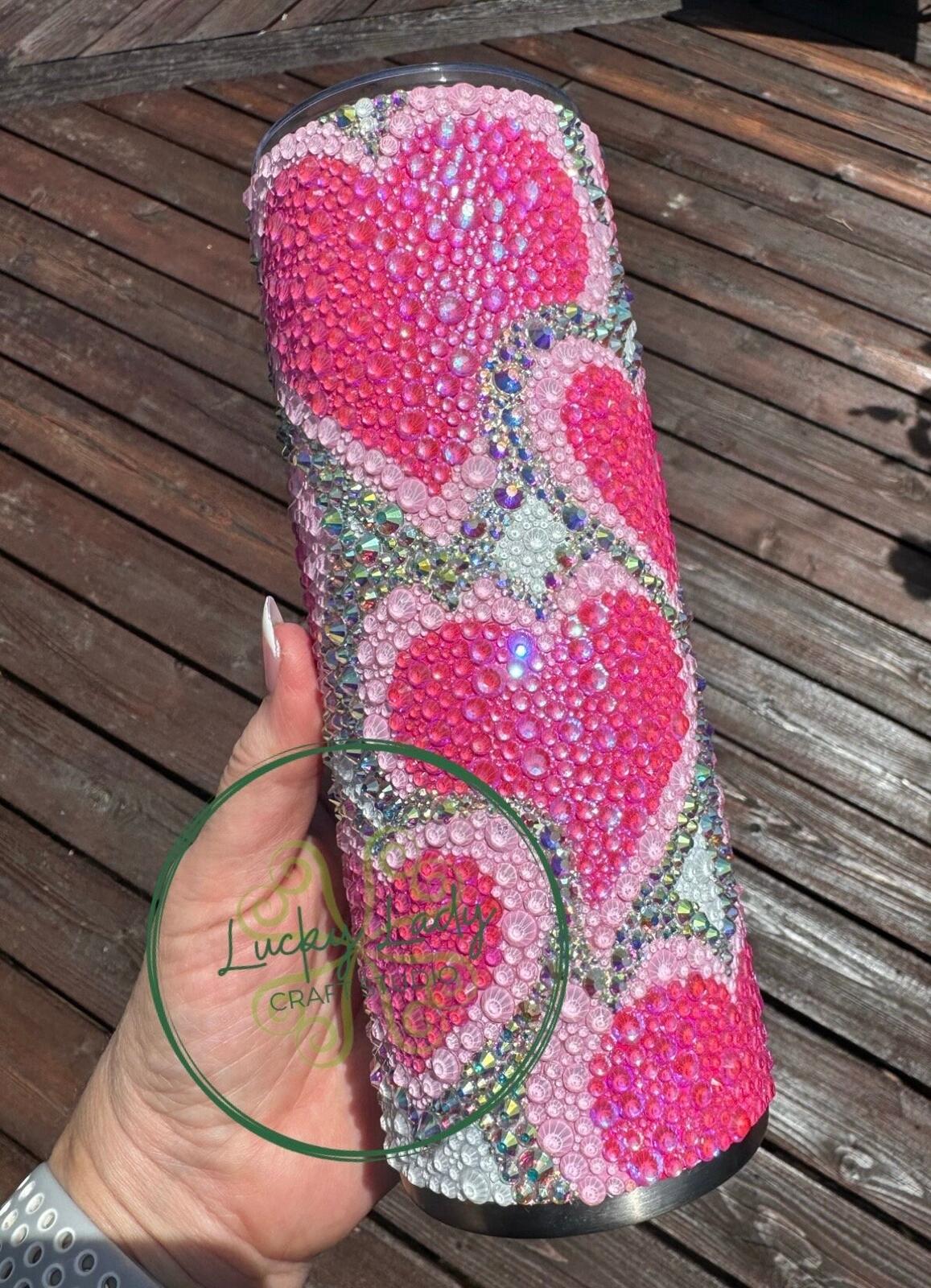 READY TO SHIP - Scattered Hearts Rhinestone 24oz Tumbler - Hot Pink ab Neon Pink Crystal glass rhinestone love