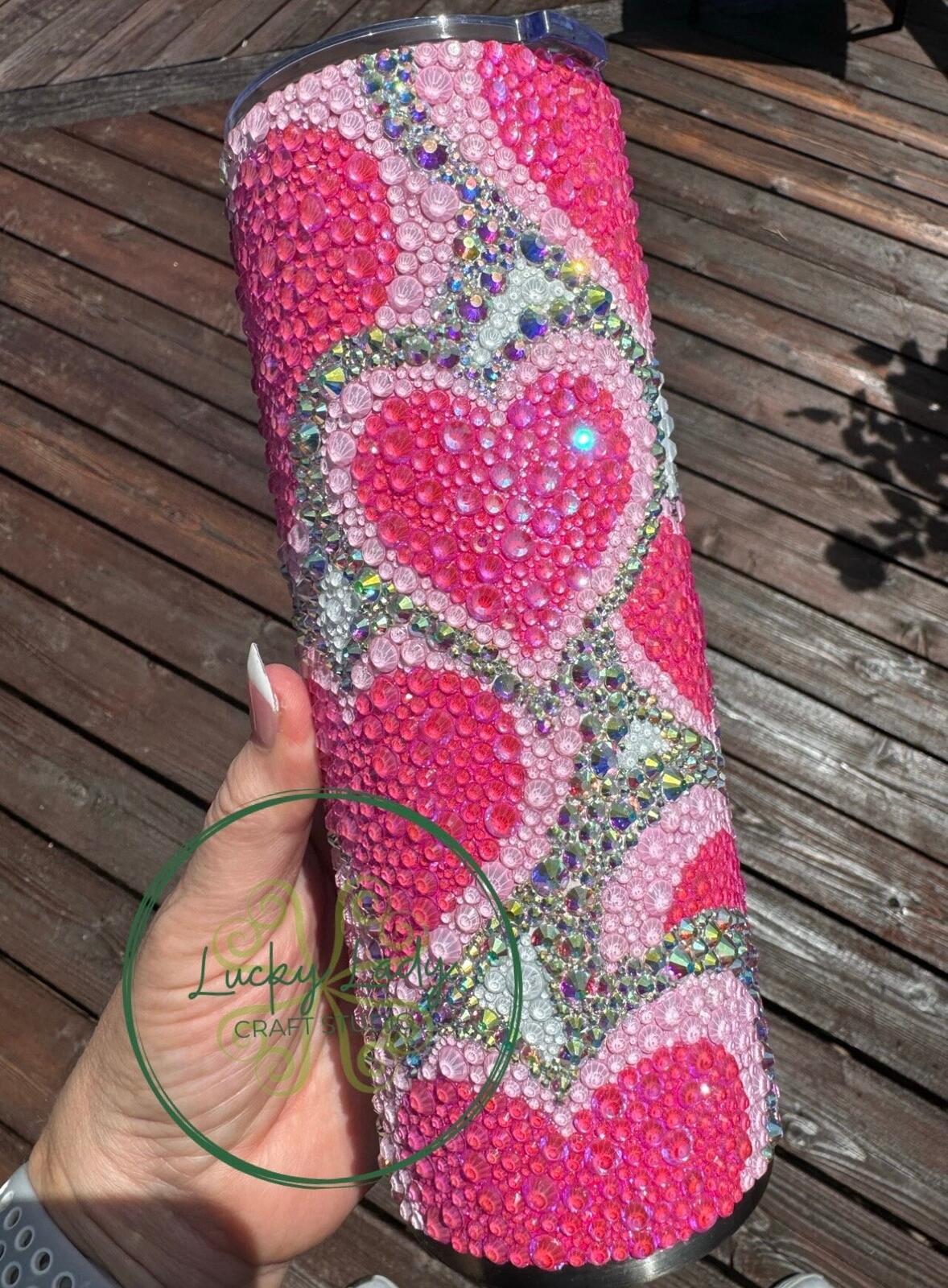READY TO SHIP - Scattered Hearts Rhinestone 24oz Tumbler - Hot Pink ab Neon Pink Crystal glass rhinestone love